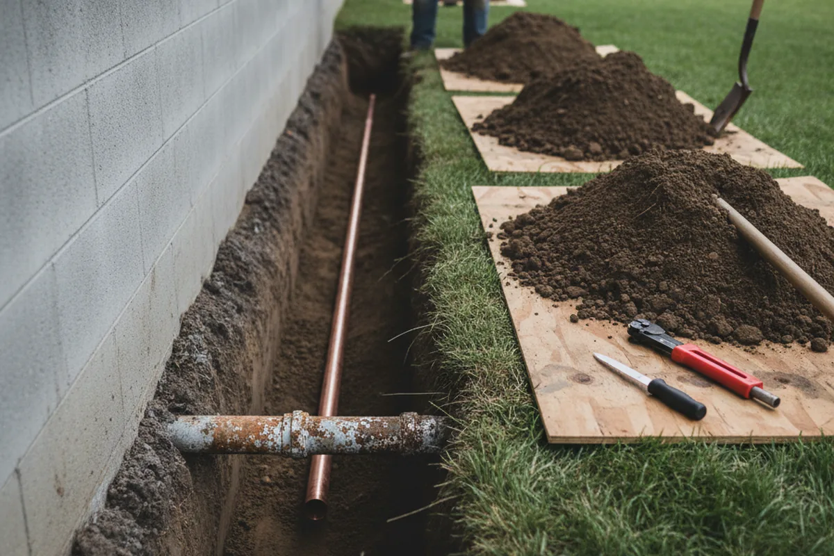 Excavated water line trench during Water Softener Installation in Pleasant Plain